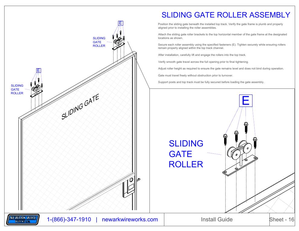 MaxGuard installation drawing showing the sliding-gate roller and overhead track