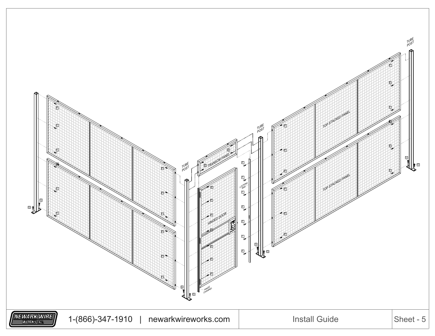 Exploded ProGuard installation drawing showing wall panels, tube posts, hinged door, transom, hinge channel, and locking bar