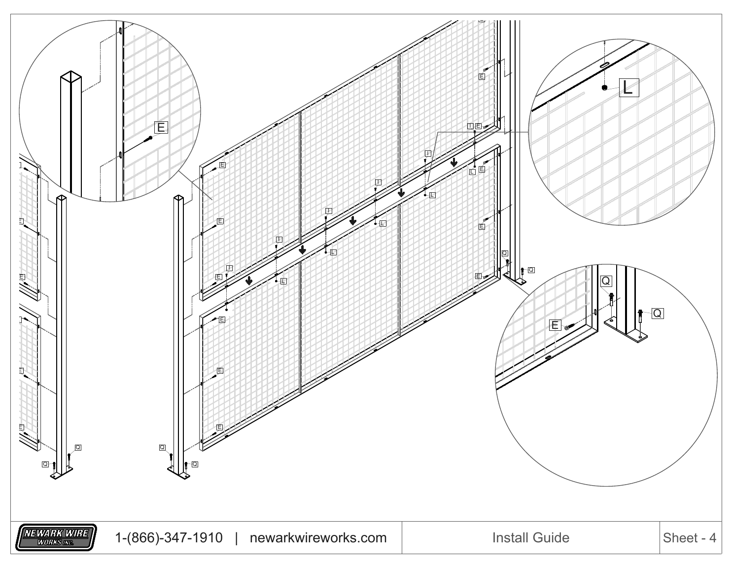 ProGuard installation manual drawing showing framed panels stacked between tube posts