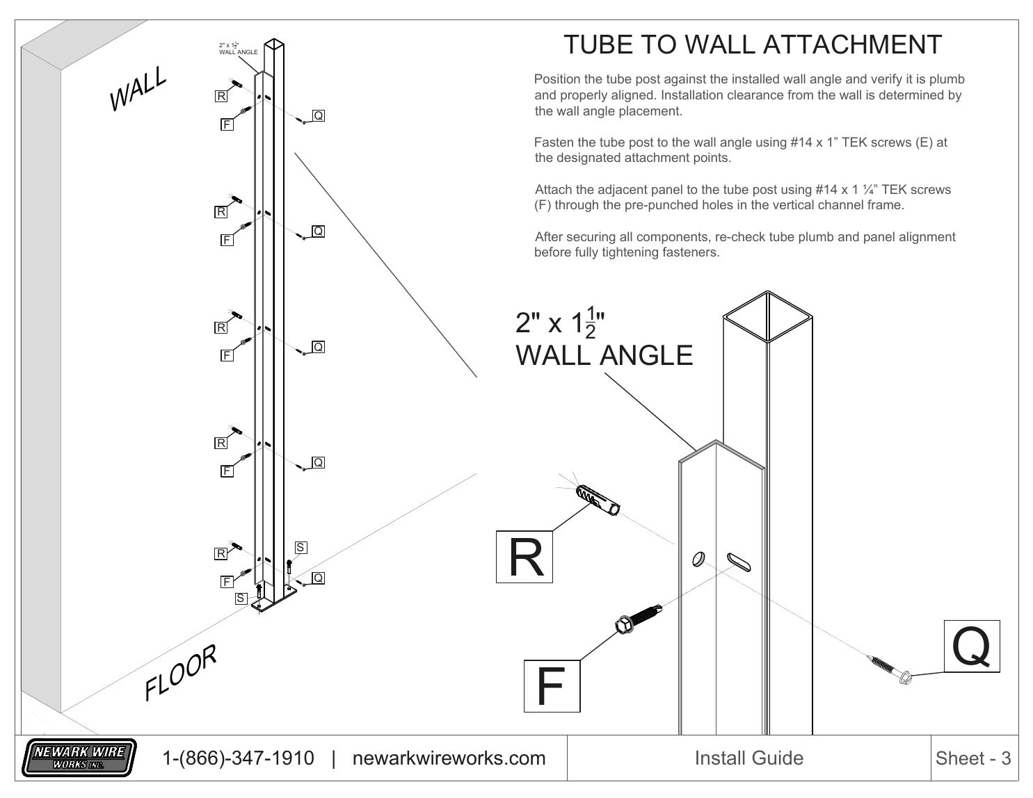 ProGuard installation manual drawing showing a tube post connected to a wall angle