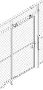 A drawing of a chain link fence with a gate.