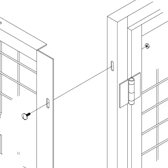 A drawing of the door hinge and the window handle.