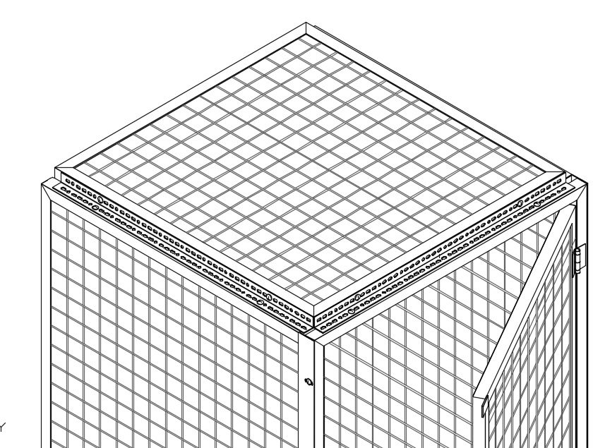 Isometric detail of a wire mesh ceiling panel on its support angles