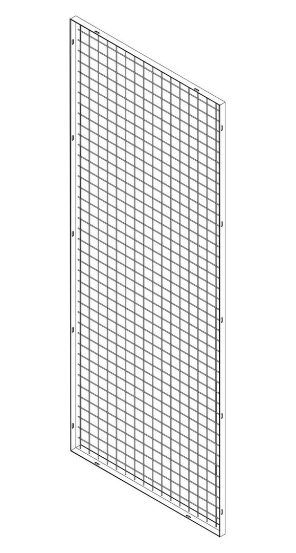 Isolated CAD isometric of the back return panel showing its mesh, angle frame, and mounting slots