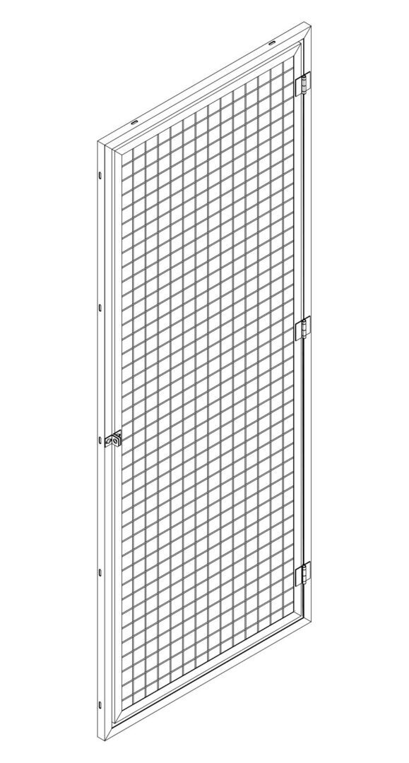 Isolated CAD isometric of the prehung welded mesh door with three hinges, mounting slots, and padlock hasp