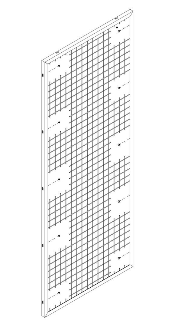 ProGuard front panel with steel-angle perimeter and mounting slots; mesh partly omitted to show the connections