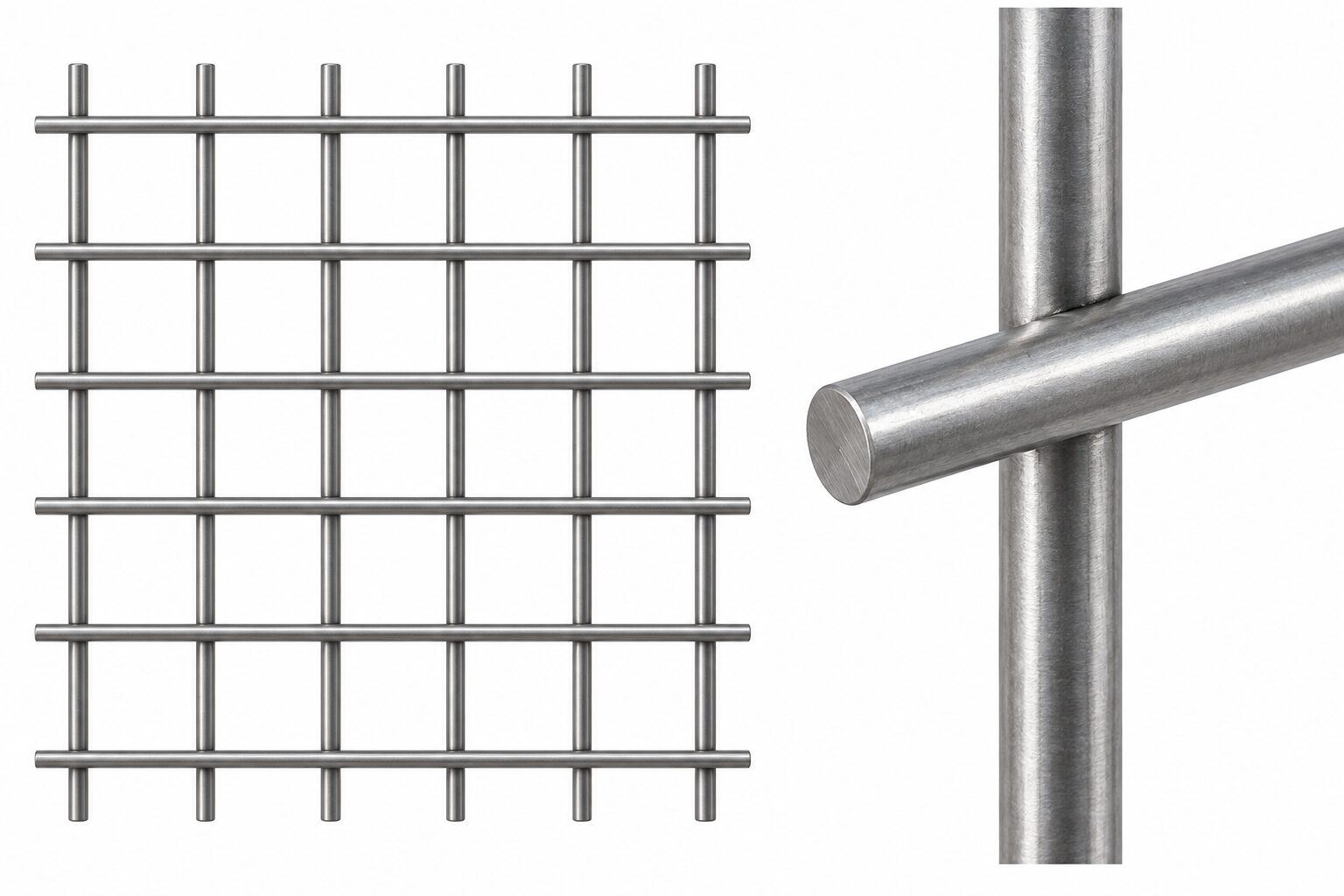Square welded wire mesh with continuous horizontal wires overlapping vertical wires, plus an enlarged crossing detail