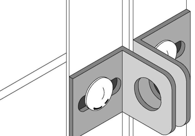 A drawing of a corner bracket with two holes.