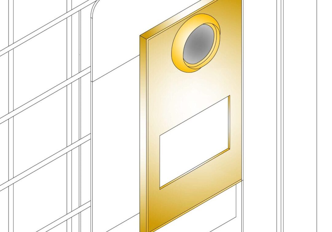 A drawing of a door with a gold finish.